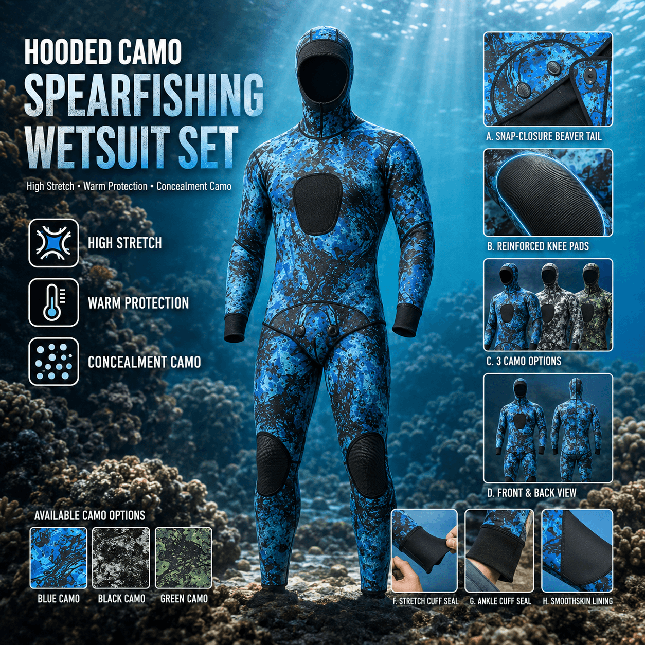 Professional Camo Spearfishing Wetsuit 2-Piece Hooded