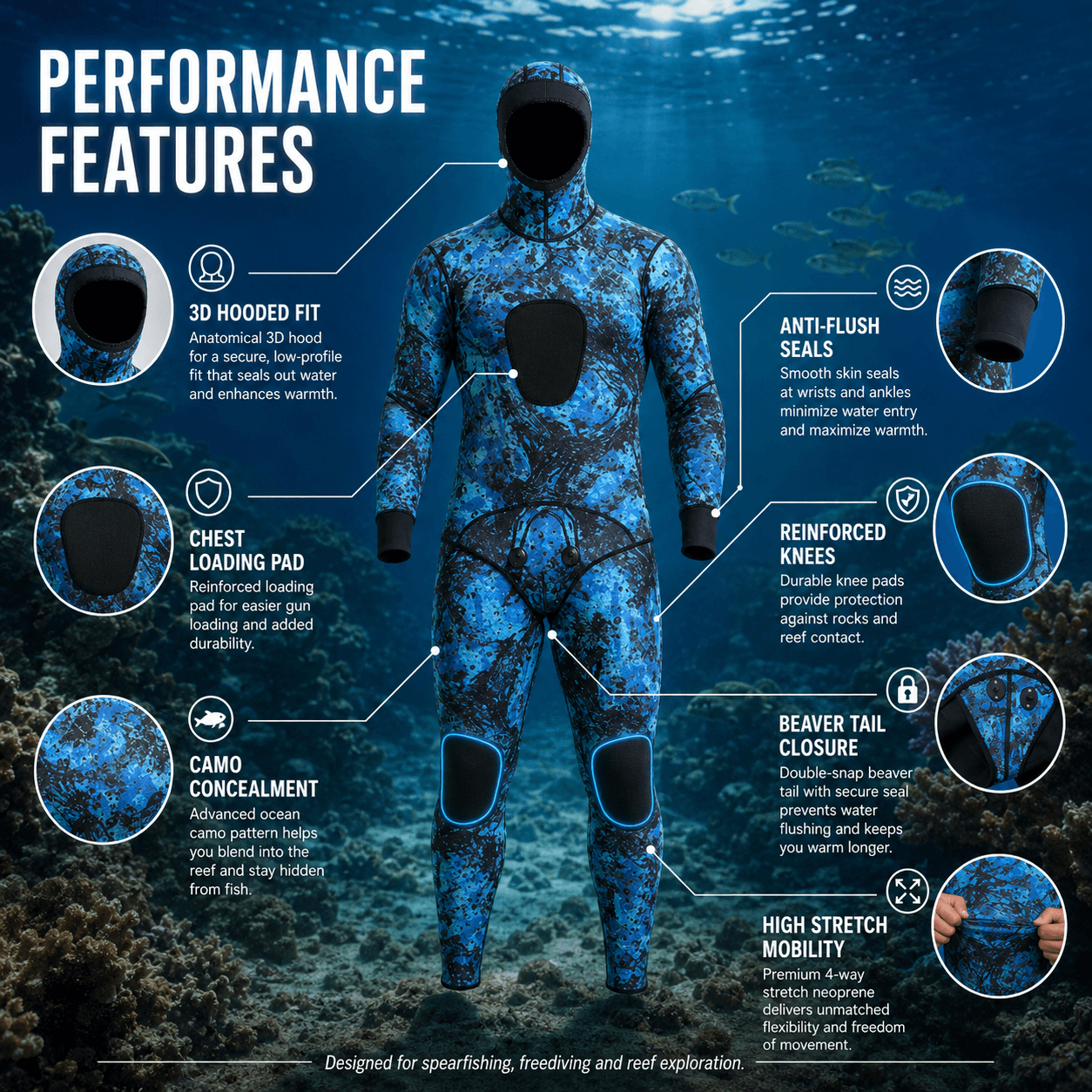 Professional Camo Spearfishing Wetsuit 2-Piece Hooded - 图片 5